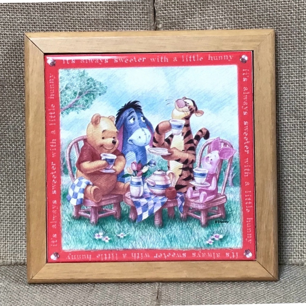 Vintage Winnie The Pooh Tea Party Tile & Wood Plaque Trivet Whimsical Cute Twee